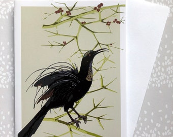 Greeting Card Blank Black Bird Red Berries