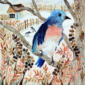 May include: A watercolor painting of a bluebird perched on a branch. The bird has a pink breast and blue wings. The background is a snowy landscape with a small house and a fence.