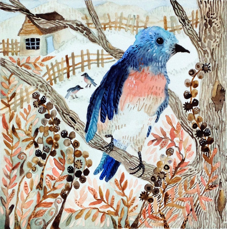 Art Print Original Watercolor Bluebird in Winter Study image 1