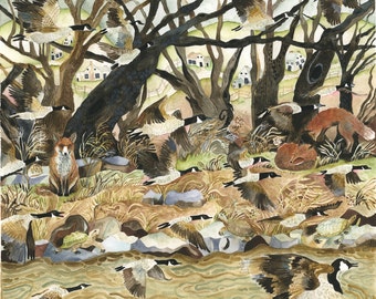 Art Print Original Watercolor Painting 100 Geese