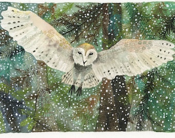 Art Print Watercolor Owl's Snowy Flight