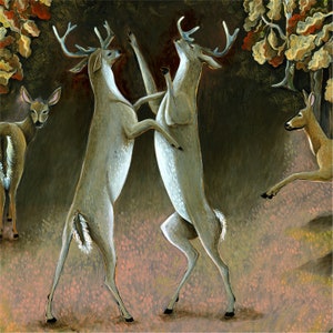 Art Print Original Acrylic Painting of Deer Fighting image 3