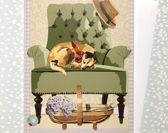 Greeting Card Blank with a Sleeping Dog in an Armchair