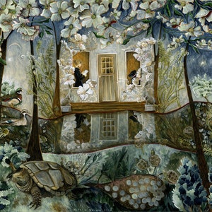 Art Print Original Painting House and Snapping Turtle in the Moonlight 8 x 10 inches
