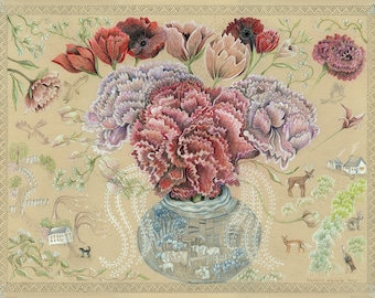 Art Print Original Colored Pencil Drawing Floral Sampler