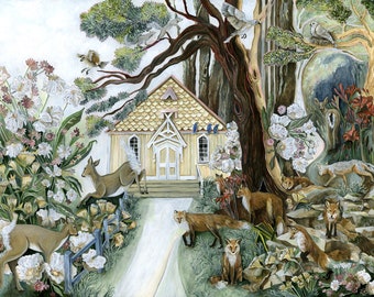Art Print Original Painting Woodland Chapel with Foxes