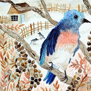 Art Print Original Watercolor Bluebird in Winter Study image 2