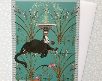 Greeting Card with Jaguar in a Garden with Fountain