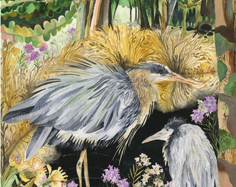 Art Print Original Watercolor -- Herons