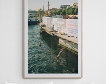 Istanbul Street Photography Print, Kids Playing in Bosphorus River, Candid Travel Photography, Urban Wall Art, Turkey Cityscape Print
