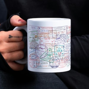 Travel Stamps 11oz Mug, Explore Wanderlust Coffee Cup, Adventure Wanderer Tea Mug, Travel Gifts For Him, Travel Gifts For Her, Airmail Mug