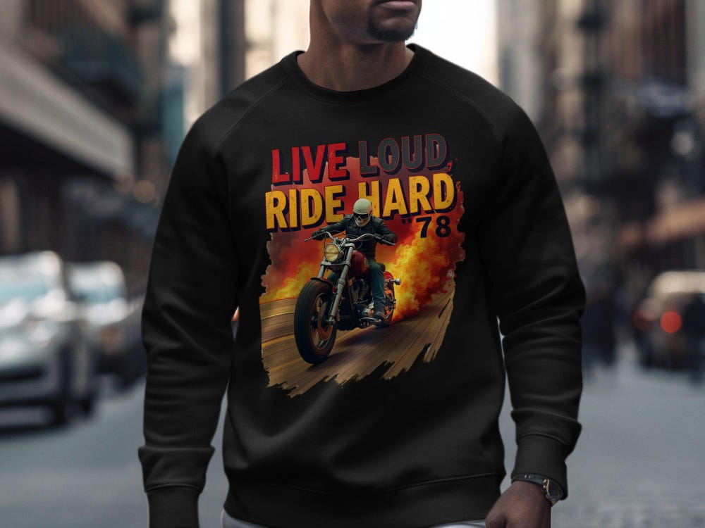 Live Loud Ride Hard 78 Graphic Tee, Biker Skull Motorcycle T Shirt, Cool Flame Rider Sweatshirt, Vintage Style Biker Apparel Alwasky