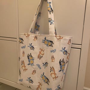 Handmade Bluey Tote Bag – Cute Cartoon Dog Print Bag – Reusable Shopping Bag – Gift for Bluey Fans & Kids