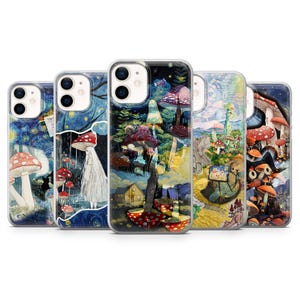 Van Gogh Aesthetic Phone Case Mushroom Cute Cat Cover for iPhone 16Pro, 15, 14, 13, 12, Samsung S25Ultra, S24Fe, S23, A55, A25, A16, Pixel 9