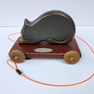T.C. Barnyard Cat Painted Wood Leather Pull Folk Art Pull Toy Henn Workshop 1993 - Rolling Wooden Wheels