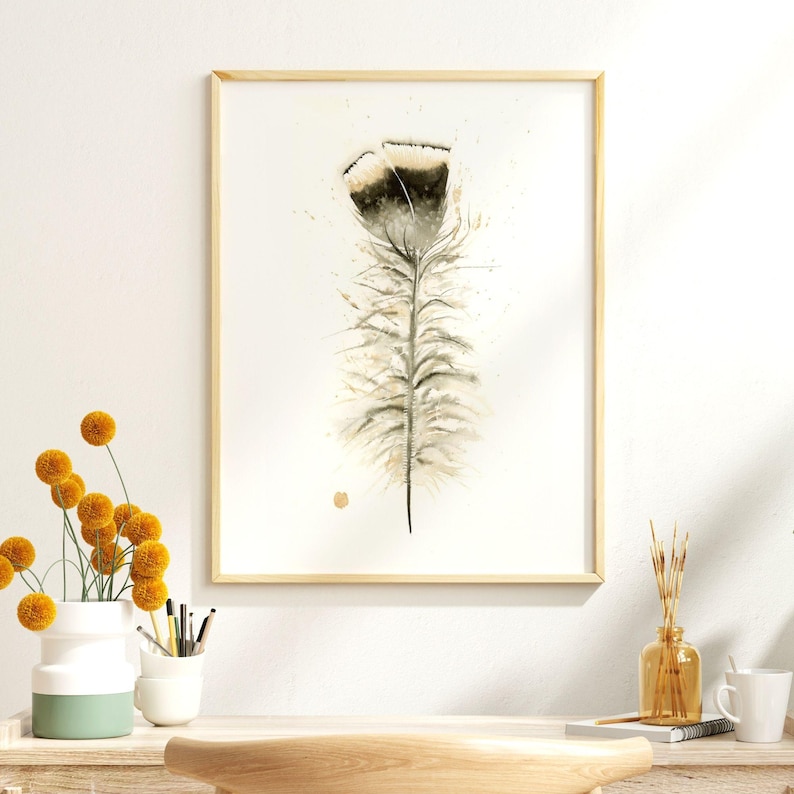 Nature Inspired Turkey Feather Print Watercolor Bird Artwork Modern Home Accent Boho Wall Decor Premium Gallery Display Farmhouse Style Interior Design Kitchen Bedroom Living Room Beautiful Rustic Collection Fine Art Piece
