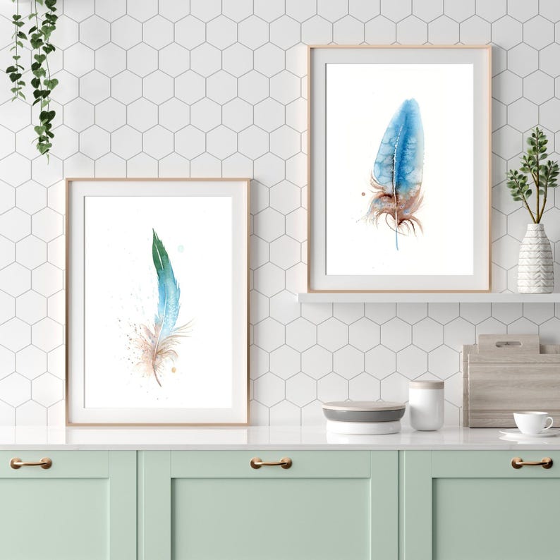 Gallery Wall Blue Jay Feather Print Premium Watercolor Artwork Natural Home Accent Boho Style Room Decor Modern Farmhouse Design Kitchen Bedroom Display Beautiful Nature Inspired Collection Fine Art Interior Decoration Piece