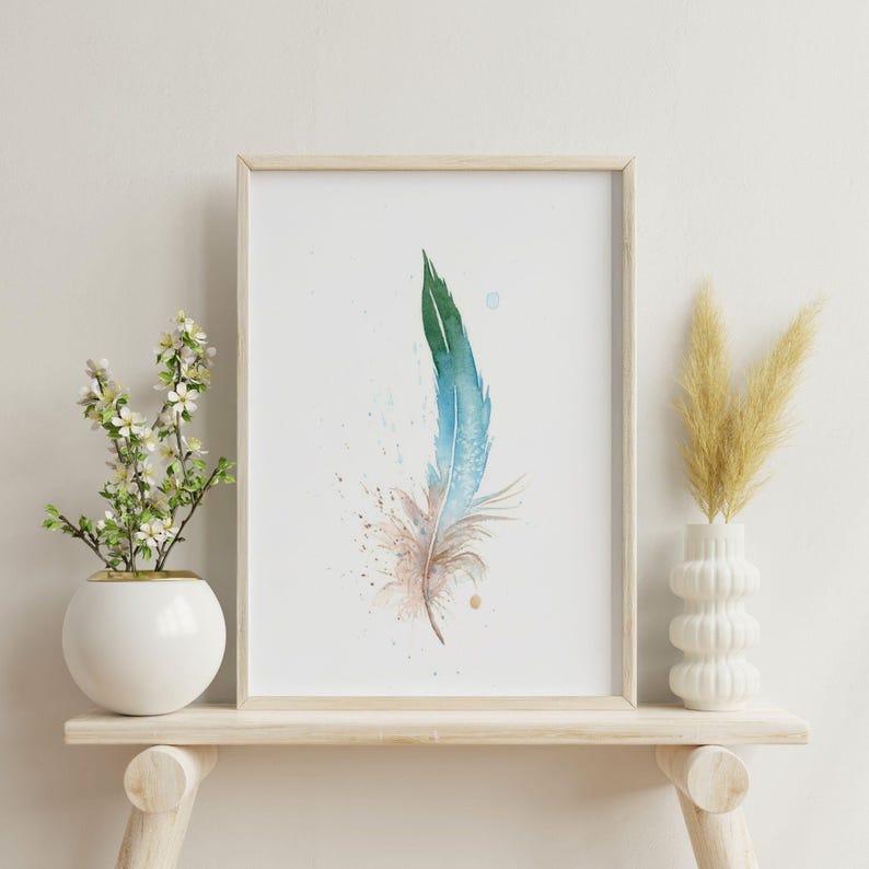 Home Decor Blue Jay Feather Artwork Premium Watercolor Print Natural Wall Accent Boho Style Gallery Display Modern Farmhouse Design Kitchen Bedroom Living Room Decoration Beautiful Nature Inspired Collection Fine Art Interior Piece
