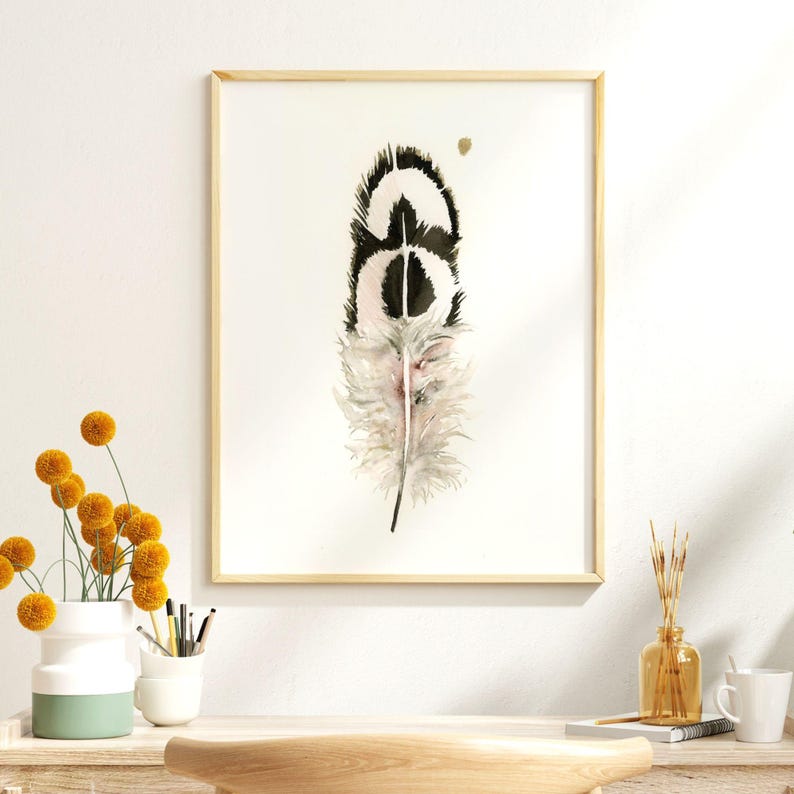 Nature Inspired Ostrich Feather Print Watercolor Bird Artwork Modern Home Accent Boho Wall Decor Premium Gallery Display Farmhouse Style Interior Design Kitchen Bedroom Living Room Beautiful Rustic Collection Fine Art Piece