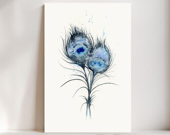Peacock Feather Watercolor Giclée Print, Blue Feather,  Boho Farmhouse Decor #100/500