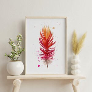 Home Decor Scarlet Macaw Feather Artwork Premium Watercolor Print Natural Wall Accent Boho Style Gallery Display Modern Farmhouse Design Kitchen Bedroom Living Room Decoration Beautiful Nature Inspired Collection Fine Art Interior Piece