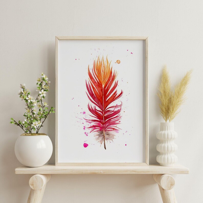 Home Decor Scarlet Macaw Feather Artwork Premium Watercolor Print Natural Wall Accent Boho Style Gallery Display Modern Farmhouse Design Kitchen Bedroom Living Room Decoration Beautiful Nature Inspired Collection Fine Art Interior Piece