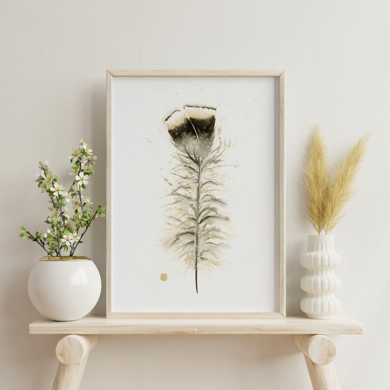Home Decor Turkey Feather Artwork Premium Watercolor Print Natural Wall Accent Boho Style Gallery Display Modern Farmhouse Design Kitchen Bedroom Living Room Decoration Beautiful Nature Inspired Collection Fine Art Interior Piece