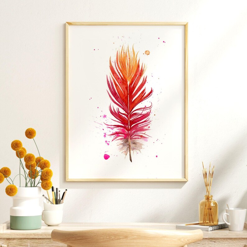 Nature Inspired Scarlet Macaw Feather Print Watercolor Bird Artwork Modern Home Accent Boho Wall Decor Premium Gallery Display Farmhouse Style Interior Design Kitchen Bedroom Living Room Beautiful Rustic Collection Fine Art Piece