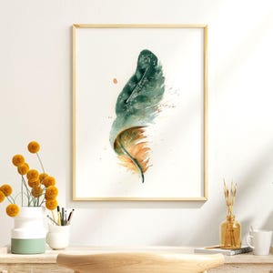 Nature Inspired Green Macaw Feather Print Watercolor Bird Artwork Modern Home Accent Boho Wall Decor Premium Gallery Display Farmhouse Style Interior Design Kitchen Bedroom Living Room Beautiful Rustic Collection Fine Art Piece
