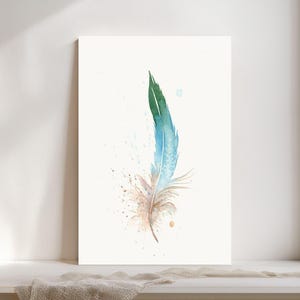 Blue Jay Feather Artwork Boho Wall Decor Natural Home Accent Watercolor Bird Print Fine Art Gallery Display Modern Farmhouse Style Kitchen Bedroom Living Room Decoration Rustic Nature Design Premium Quality Giclee Print Beautiful Interior