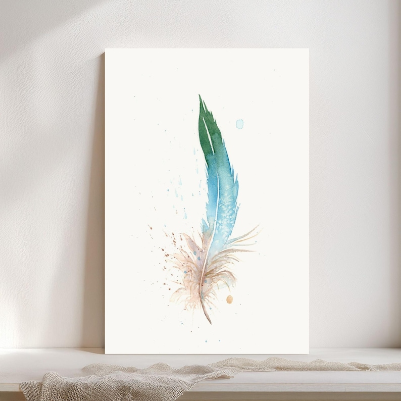 Blue Jay Feather Artwork Boho Wall Decor Natural Home Accent Watercolor Bird Print Fine Art Gallery Display Modern Farmhouse Style Kitchen Bedroom Living Room Decoration Rustic Nature Design Premium Quality Giclee Print Beautiful Interior
