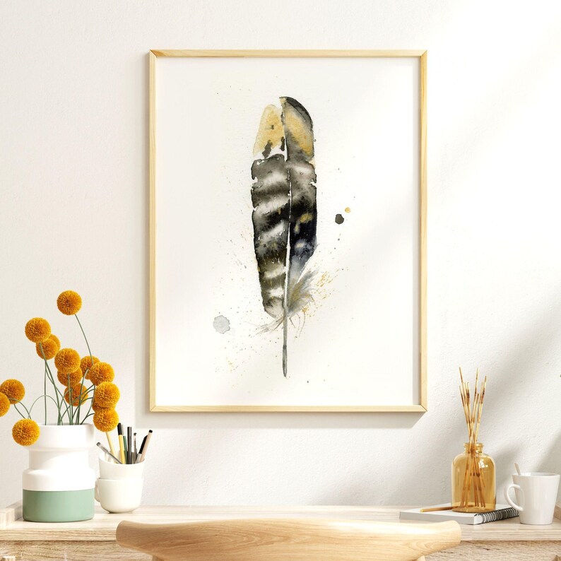 Nature Inspired Pheasant Feather Print Watercolor Bird Artwork Modern Home Accent Boho Wall Decor Premium Gallery Display Farmhouse Style Interior Design Kitchen Bedroom Living Room Beautiful Rustic Collection Fine Art Piece