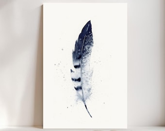 Blue Jay Feather Watercolor Giclée Print, Dark blue Feather,  Boho Farmhouse Decor #35/500
