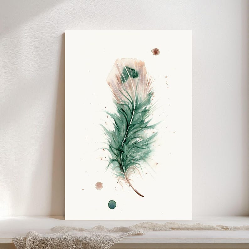 Peacock Feather Artwork Boho Wall Decor Natural Home Accent Watercolor Bird Print Fine Art Gallery Display Modern Farmhouse Style Kitchen Bedroom Living Room Decoration Rustic Nature Design Premium Quality Giclee Print Beautiful Interior