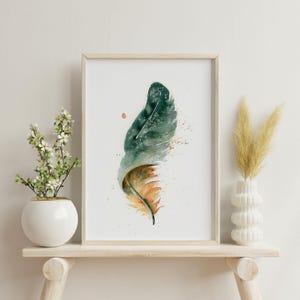 Home Decor Green Macaw Feather Artwork Premium Watercolor Print Natural Wall Accent Boho Style Gallery Display Modern Farmhouse Design Kitchen Bedroom Living Room Decoration Beautiful Nature Inspired Collection Fine Art Interior Piece