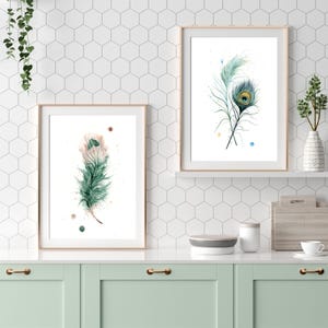 Gallery Wall Peacock Feather Print Premium Watercolor Artwork Natural Home Accent Boho Style Room Decor Modern Farmhouse Design Kitchen Bedroom Display Beautiful Nature Inspired Collection Fine Art Interior Decoration Piece