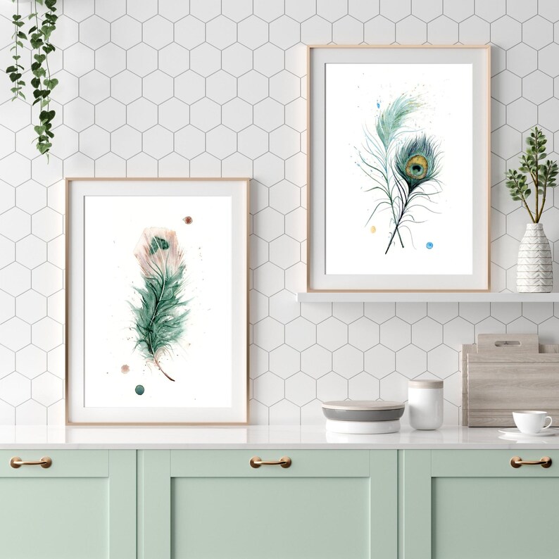 Gallery Wall Peacock Feather Print Premium Watercolor Artwork Natural Home Accent Boho Style Room Decor Modern Farmhouse Design Kitchen Bedroom Display Beautiful Nature Inspired Collection Fine Art Interior Decoration Piece