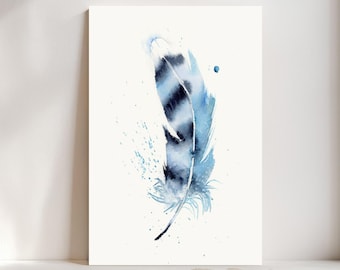 Blue Jay Feather Watercolor Print, Boho Farmhouse Wall Art