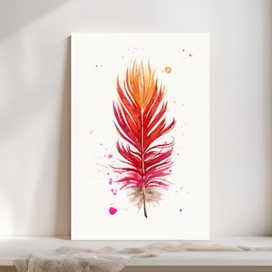 Scarlet Macaw Feather Artwork Boho Wall Decor Natural Home Accent Watercolor Bird Print Fine Art Gallery Display Modern Farmhouse Style Kitchen Bedroom Living Room Decoration Rustic Nature Design Premium Quality Giclee Print Beautiful Interior