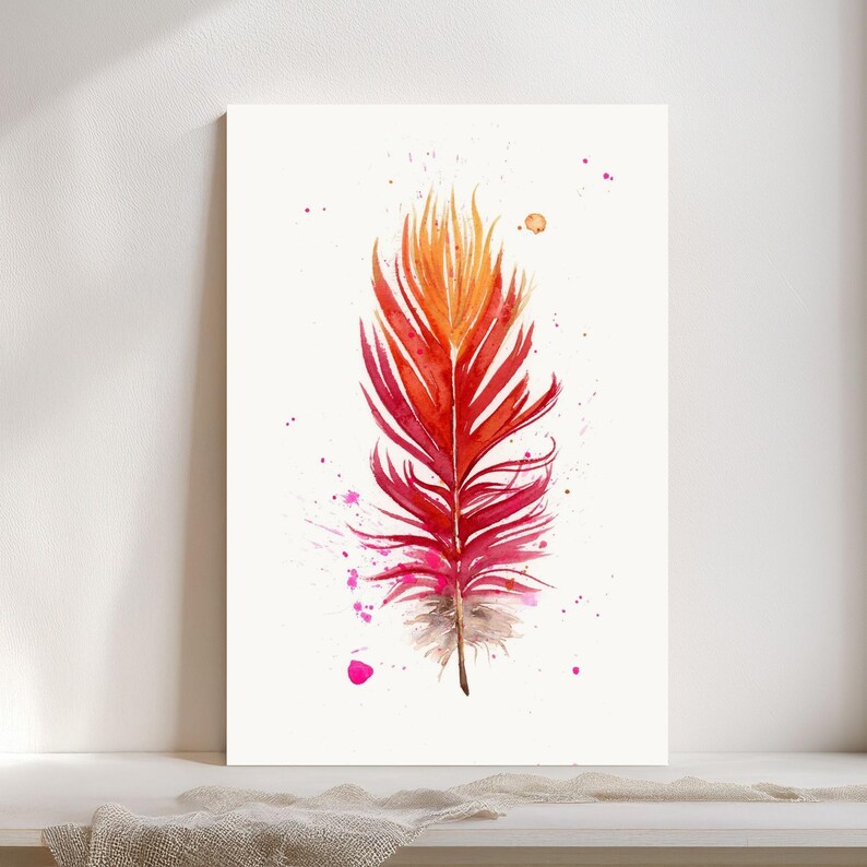 Scarlet Macaw Feather Artwork Boho Wall Decor Natural Home Accent Watercolor Bird Print Fine Art Gallery Display Modern Farmhouse Style Kitchen Bedroom Living Room Decoration Rustic Nature Design Premium Quality Giclee Print Beautiful Interior