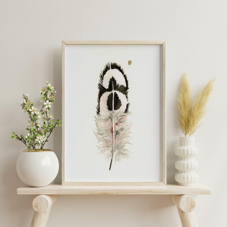 Home Decor Ostrich Feather Artwork Premium Watercolor Print Natural Wall Accent Boho Style Gallery Display Modern Farmhouse Design Kitchen Bedroom Living Room Decoration Beautiful Nature Inspired Collection Fine Art Interior Piece