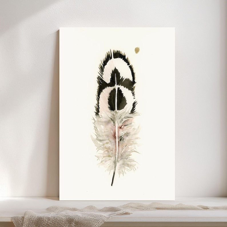 Ostrich Feather Artwork Boho Wall Decor Natural Home Accent Watercolor Bird Print Fine Art Gallery Display Modern Farmhouse Style Kitchen Bedroom Living Room Decoration Rustic Nature Design Premium Quality Giclee Print Beautiful Interior