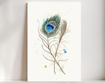 Peacock Feather Watercolor Giclée Print, Blue Feather,  Boho Farmhouse Decor #290/500