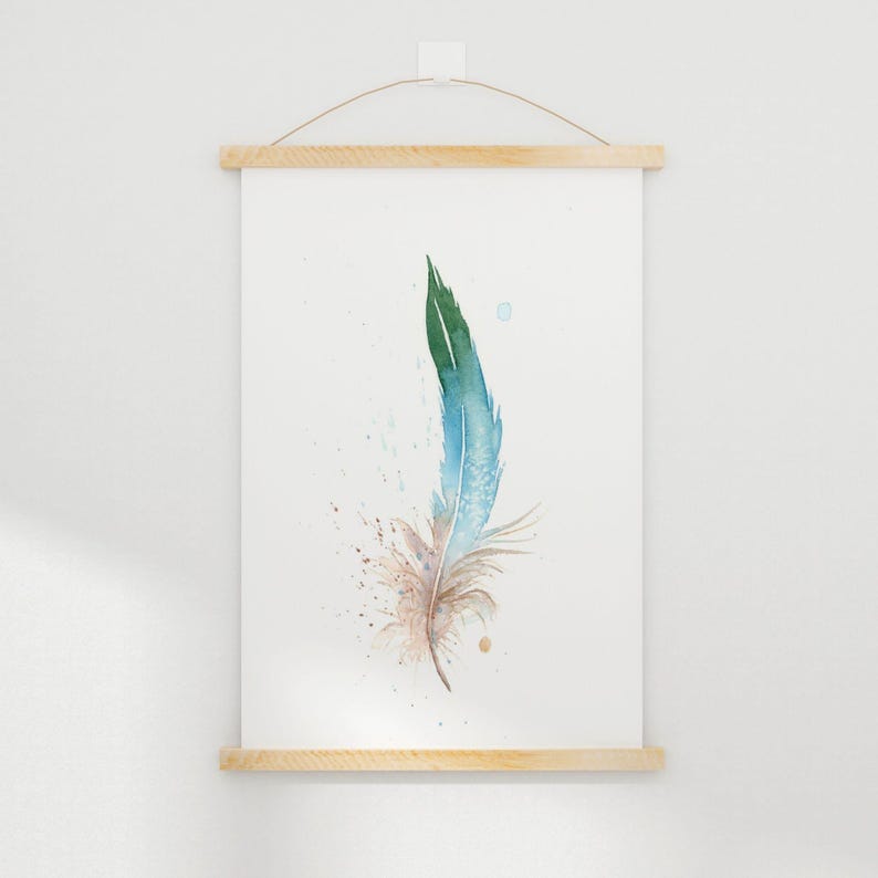 Farmhouse Style Blue Jay Feather Wall Art Premium Watercolor Print Natural Home Decor Boho Room Accent Bird Artwork Gallery Display Kitchen Bedroom Decoration Modern Interior Design Beautiful Nature Inspired Piece Fine Art Collection