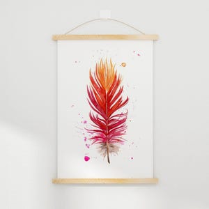 Farmhouse Style Scarlet Macaw Feather Wall Art Premium Watercolor Print Natural Home Decor Boho Room Accent Bird Artwork Gallery Display Kitchen Bedroom Decoration Modern Interior Design Beautiful Nature Inspired Piece Fine Art Collection