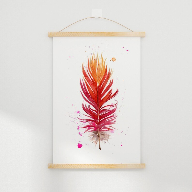 Farmhouse Style Scarlet Macaw Feather Wall Art Premium Watercolor Print Natural Home Decor Boho Room Accent Bird Artwork Gallery Display Kitchen Bedroom Decoration Modern Interior Design Beautiful Nature Inspired Piece Fine Art Collection