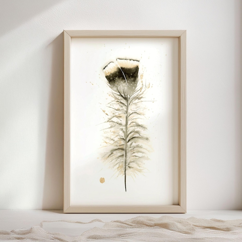 Turkey Feather Artwork Boho Wall Decor Natural Home Accent Watercolor Bird Print Fine Art Gallery Display Modern Farmhouse Style Kitchen Bedroom Living Room Decoration Rustic Nature Design Premium Quality Giclee Print Beautiful Interior