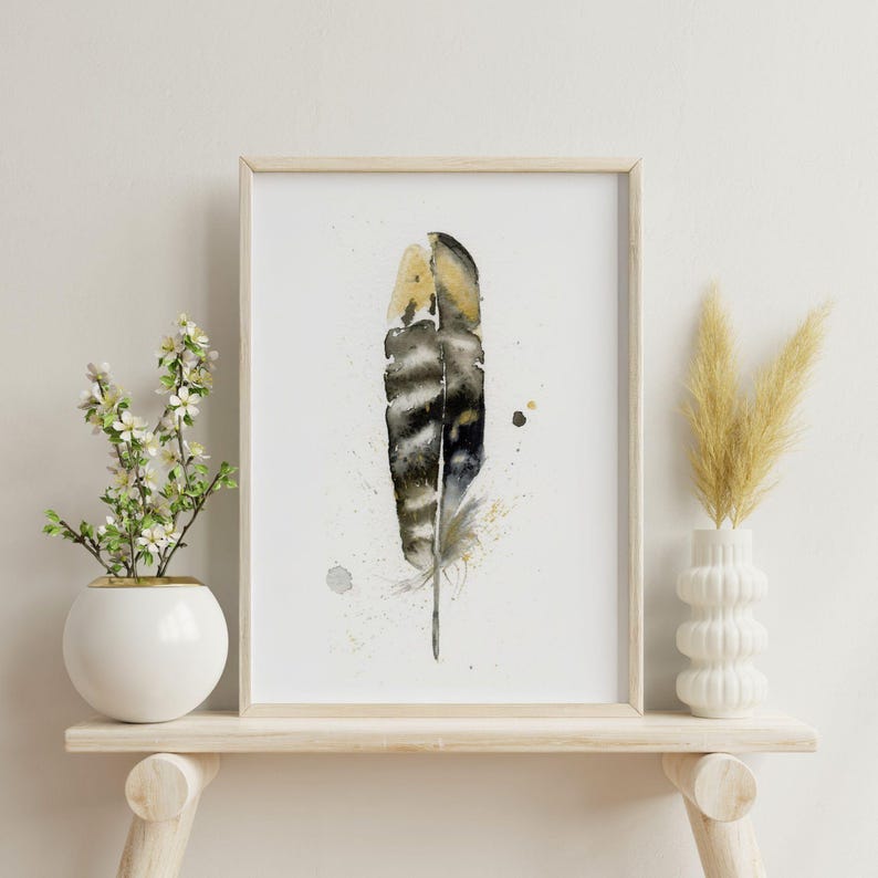 Home Decor Pheasant Feather Artwork Premium Watercolor Print Natural Wall Accent Boho Style Gallery Display Modern Farmhouse Design Kitchen Bedroom Living Room Decoration Beautiful Nature Inspired Collection Fine Art Interior Piece