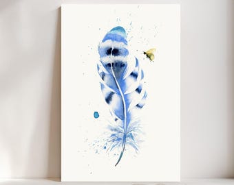 Bluejay Feather Watercolor Art Print, Boho Farmhouse Decor