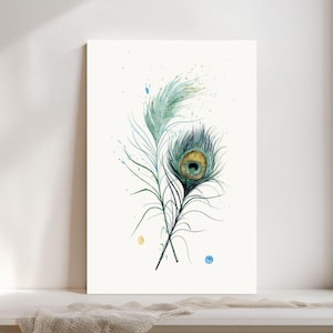 Peacock Feather Watercolor Print Green Bird Feather Boho Decor Watercolor Art Gallery Kitchen Decor Farmhouse Style #184/500